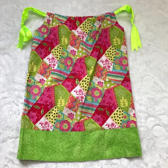 Handmade Patchwork Print Pillow Case Dress Adjustable Ribbon Straps Girls Size 4 - Picture 7 of 9